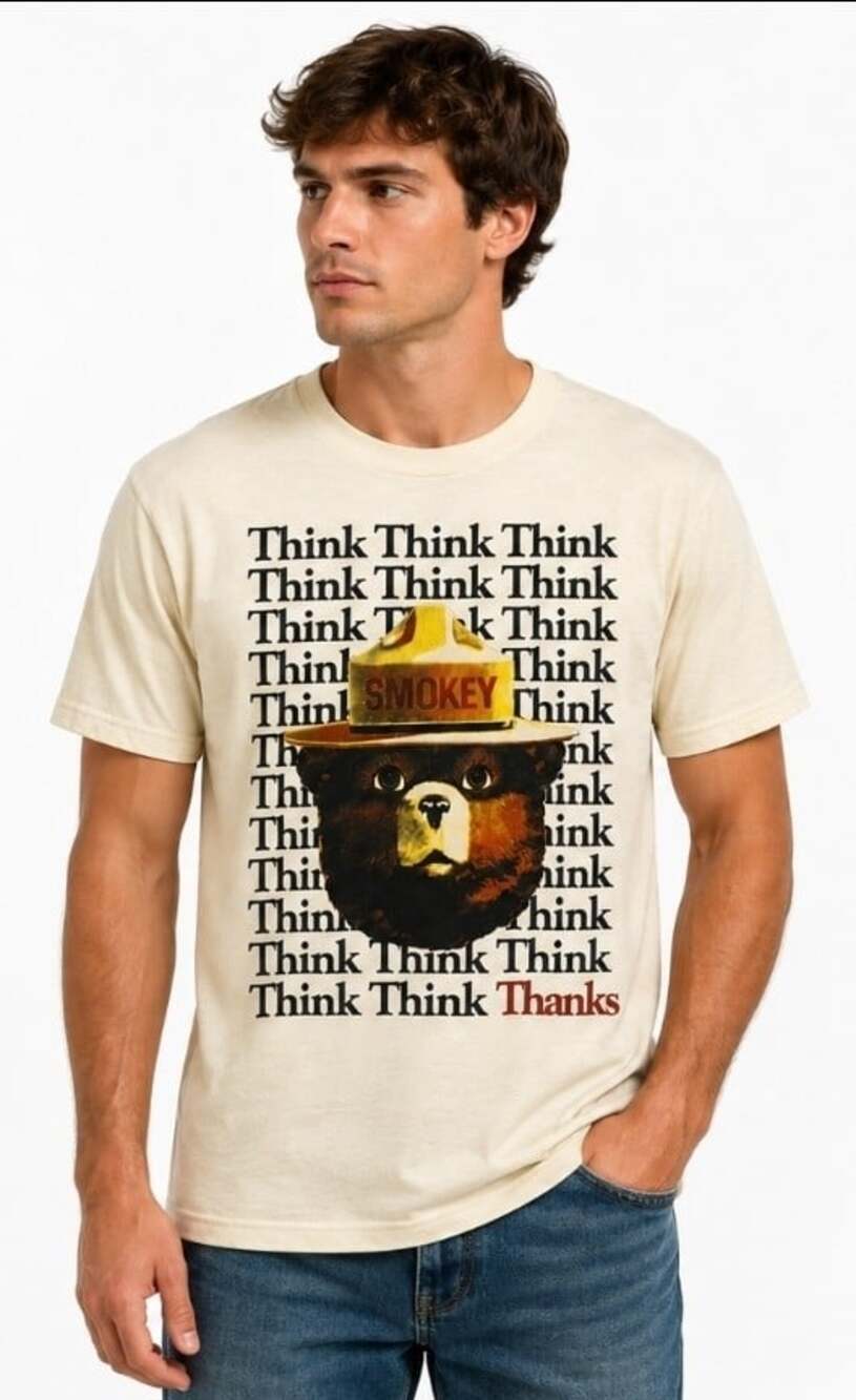 Vintage Smokey Bear Think Thanks Graphic T-Shirt Mens Small Cream New T90
